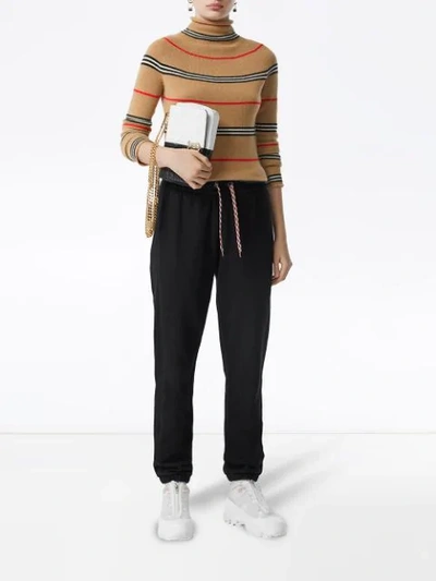 Shop Burberry Icon Stripe Cashmere Turtleneck Sweater In Brown
