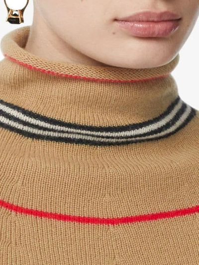 Shop Burberry Icon Stripe Cashmere Turtleneck Sweater In Brown