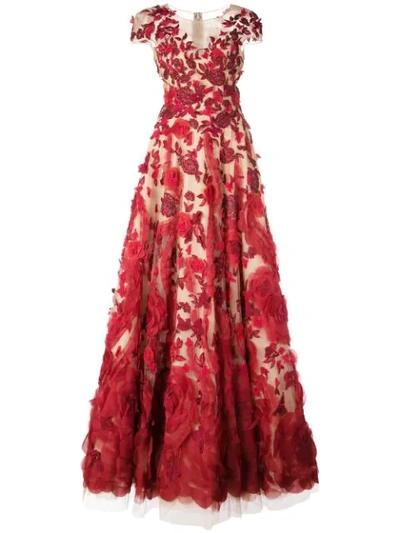 Shop Marchesa Floral Appliqué Gown In Red
