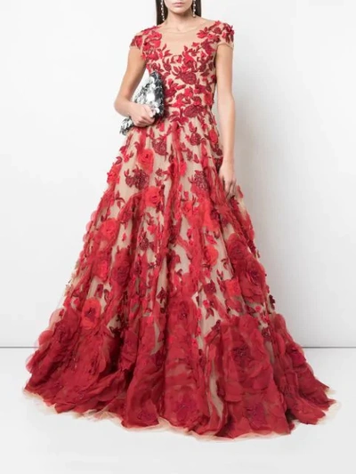 Shop Marchesa Floral Appliqué Gown In Red