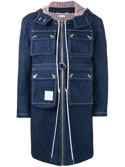 Shop Thom Browne Hunting Washed Denim Cardigan Overcoat In Blue