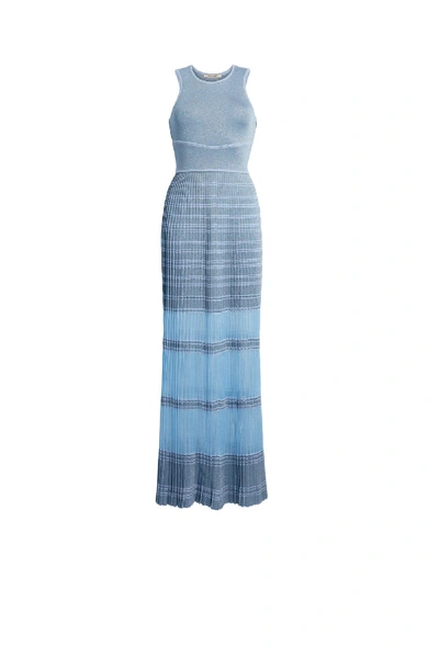 Shop Roberto Cavalli Striped Lurex Plissé Knit Dress In Blue