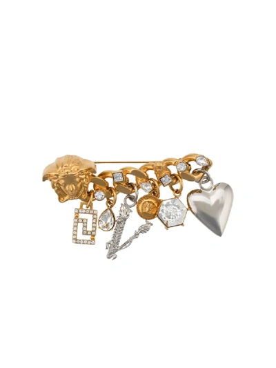 Shop Versace Multi-charm Medusa Head Brooch In Gold