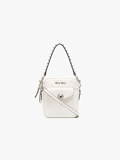 Shop Miu Miu White Embellished Leather Shoulder Bag