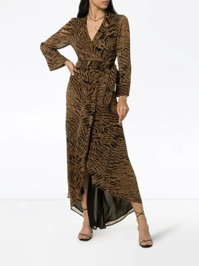 Shop Ganni Tiger Print Wrap Dress In Brown