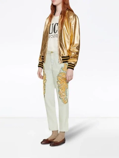 Shop Gucci Guccy Print Bomber In Metallic