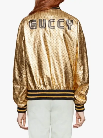 Shop Gucci Guccy Print Bomber In Metallic