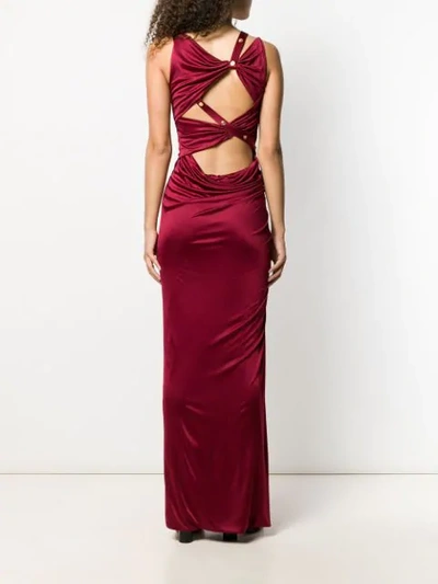 Shop Versace Ruched Strappy Detailed Gown In Red