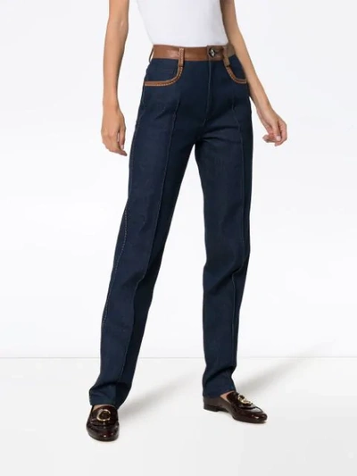 Shop Wales Bonner Leather-trimmed Jeans In Blue