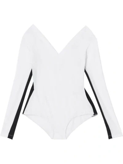 Shop Burberry Two-tone Stretch Jersey Bodysuit In White