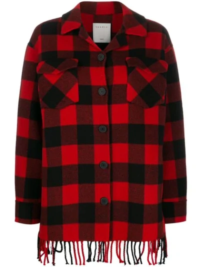 Shop Sandro Check Fringed Coat In Rouge/noir