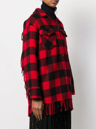 Shop Sandro Check Fringed Coat In Rouge/noir