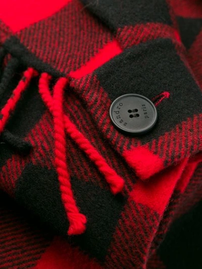 Shop Sandro Check Fringed Coat In Rouge/noir