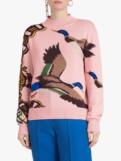 Shop Burberry Duck Intarsia Cotton Cashmere Wool Sweater In Pink
