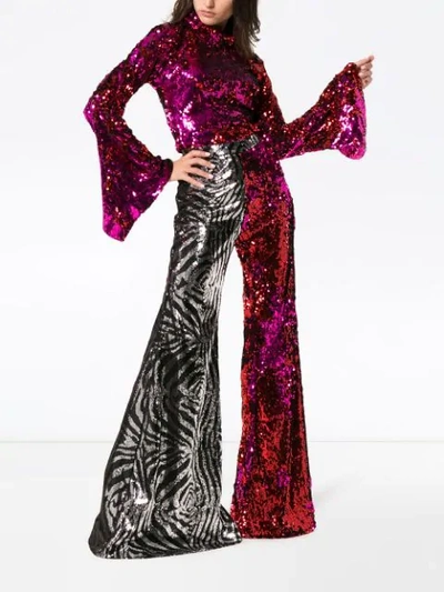 Shop Halpern Zebra Print And Sequin Embellished Flared Trousers In Red
