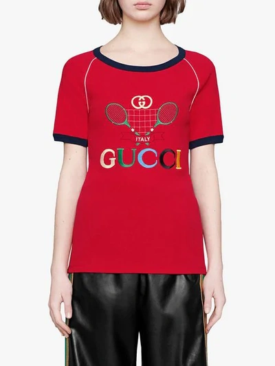 Shop Gucci Tennis Embroidered T-shirt In Red