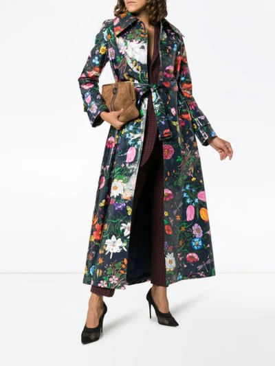 Shop Gucci Floral Vinyl Trench Coat In Blue