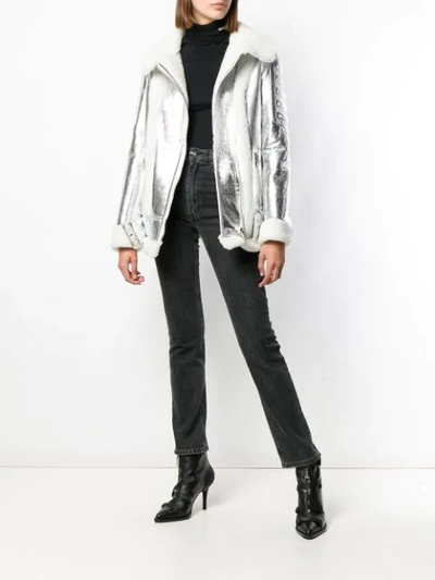 PHILIPP PLEIN SHEARLING LINED BIKER JACKET - 银色