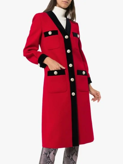 Shop Gucci Velvet Trim Single-breasted Coat In Red