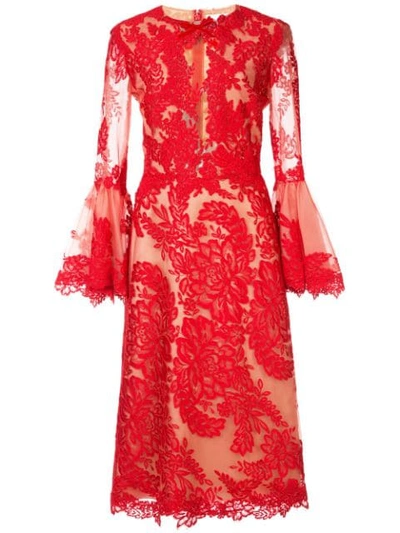 Shop Marchesa Floral Lace Dress In Red
