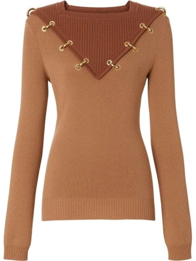 Shop Burberry Ring-pierced Two-tone Wool Cashmere Sweater In Brown