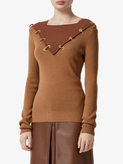 Shop Burberry Ring-pierced Two-tone Wool Cashmere Sweater In Brown