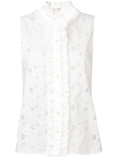 Shop Saint Laurent Floral Crochet Sleeveless Blouse In White