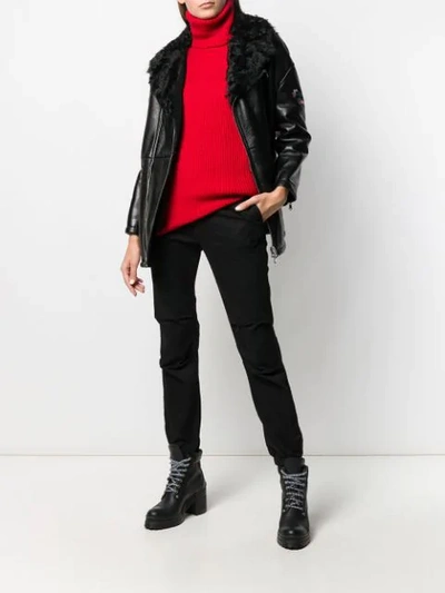 Shop Red Valentino Floral Bird Motif Leather Jacket In Black