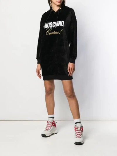 Shop Moschino Logo Print Hoodie Dress In Black