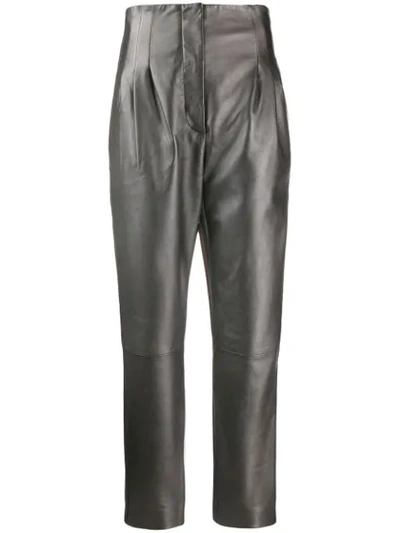 Shop Alberta Ferretti High Waisted Leather Trousers In Grey