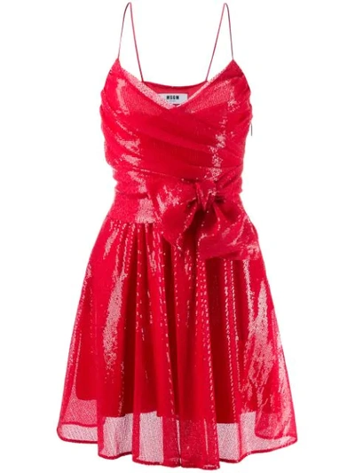 Shop Msgm Sequin Embroidered Bow Detail Dress In 18 Red