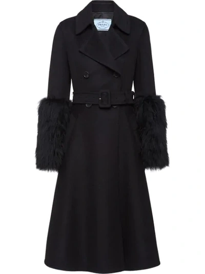 Shop Prada Furry Cuff Coat In Black