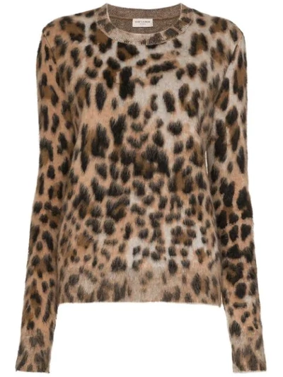Shop Saint Laurent Leopard Print Mohair Blend Sweater In Brown