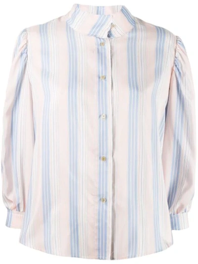 Shop Loewe Striped High Collar Blouse In Pink/light Blue