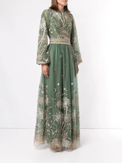 Shop Costarellos Story-telling Embroidered Tulle Gown In Green