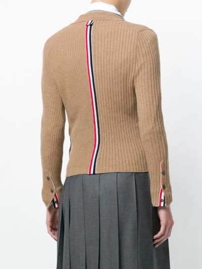 Shop Thom Browne Half-and-half Rib Knit Striped Camel Hair Cardigan - Neutrals