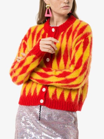 Shop Ashley Williams Rhombus Knit Cardigan In Yellow/red