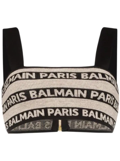 Shop Balmain Striped Logo Knitted Linen Blend Bralette In Black