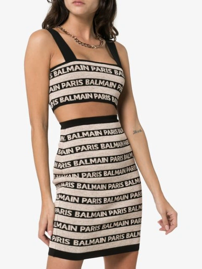 Shop Balmain Striped Logo Knitted Linen Blend Bralette In Black