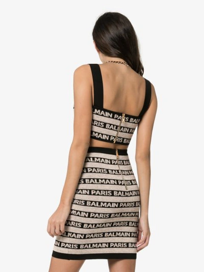 Shop Balmain Striped Logo Knitted Linen Blend Bralette In Black