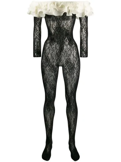 Shop Alessandra Rich Ruffled Lace Bodysuit In Black