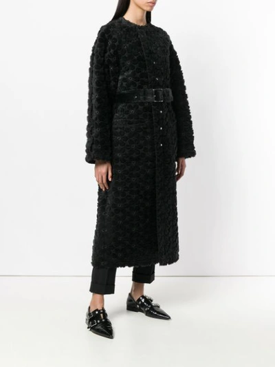 Shop Comme Des Garçons Faux Fur Floral Embroidered Long Coat In Black