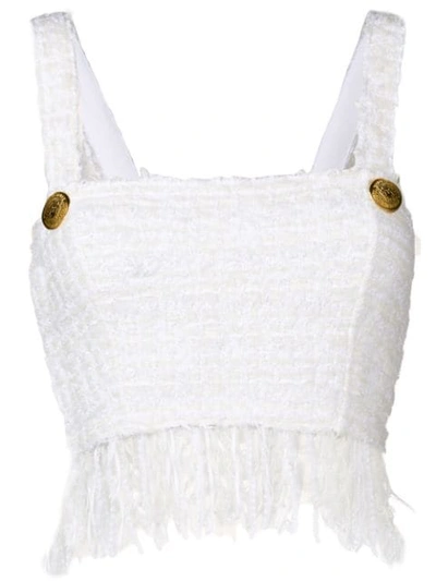 Shop Balmain Tweed Crop Top In White