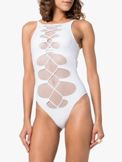 Shop Agent Provocateur Hatty Mesh Lace-up Swimsuit In White