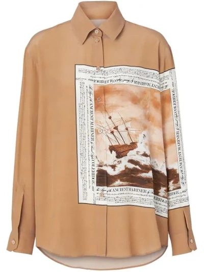 Shop Burberry Montage Print Silk Oversized Shirt In Brown