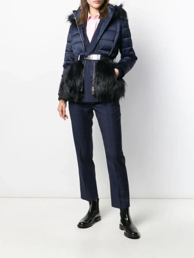 Shop Elisabetta Franchi Faux Fur Trim Padded Jacket In 805 Blu