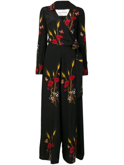 Shop Valentino Floral Print Jumpsuit In Black