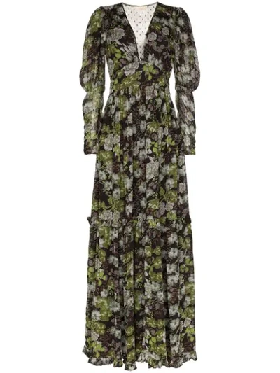 Shop Bytimo Floral Print Long Sleeves Tiered Maxi Dress In Multicoloured
