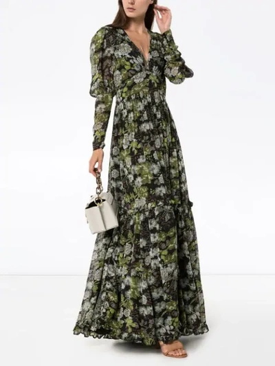 Shop Bytimo Floral Print Long Sleeves Tiered Maxi Dress In Multicoloured