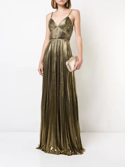 Shop Marchesa Notte Metallic Pleated Gown In Yellow